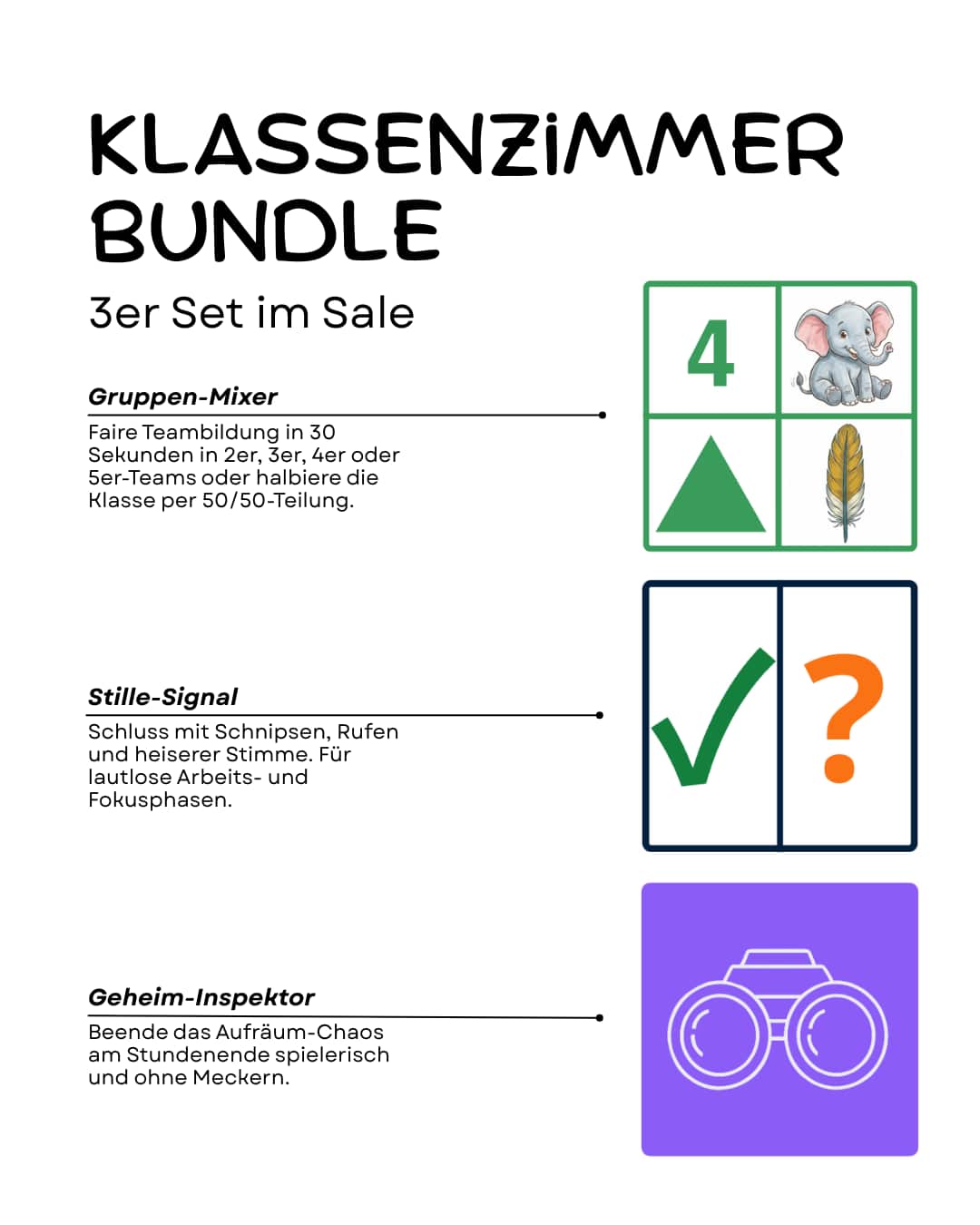 Schulstart-Komplettset (3er-Bundle: Gruppen-Mixer + Stille-Signal + Geheim-Inspektor)